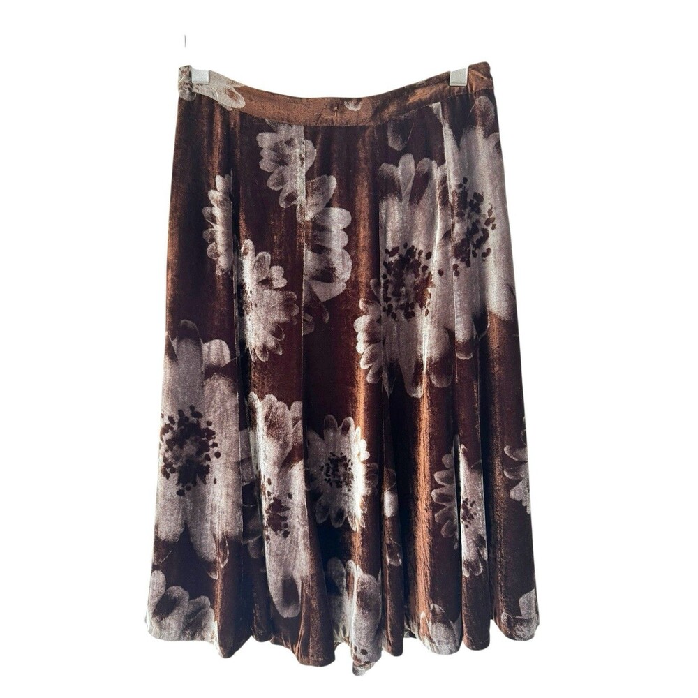 St. John Evening Skirt Size 10 Brown Floral Velvet Silk A Line Midi Elegant EUC